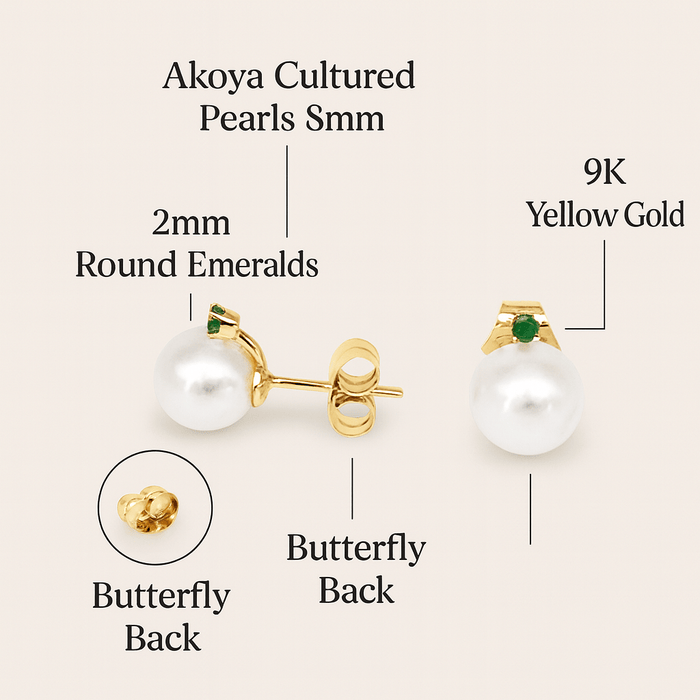 Pendientes de perlas cultivadas, esmeraldas y oro amarillo de 9 quilates - MIMUKA