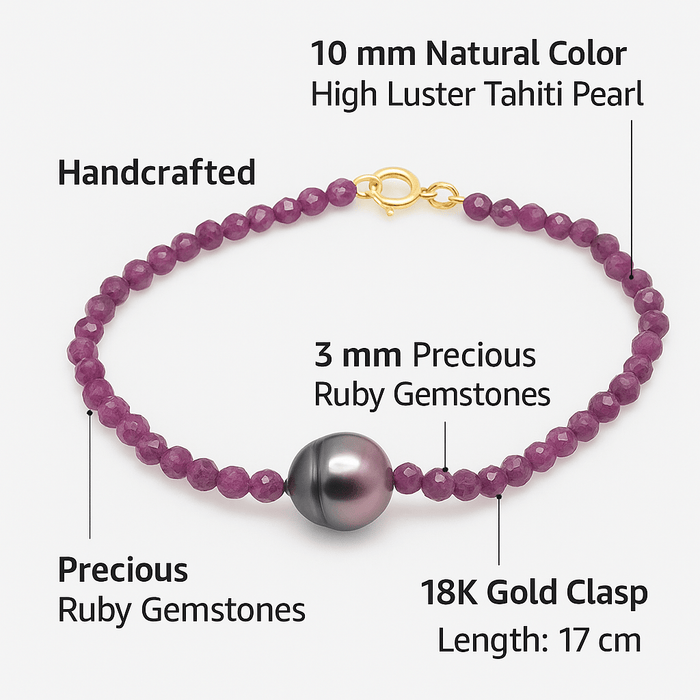 Pulsera con Perla Tahití, Rubíes y Cierre de Oro Amarillo 18K - MIMUKA