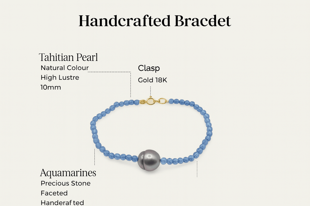 Pulsera de Aguamarina con Perla de Tahití, Cierre de Oro Amarillo 18K - MIMUKA