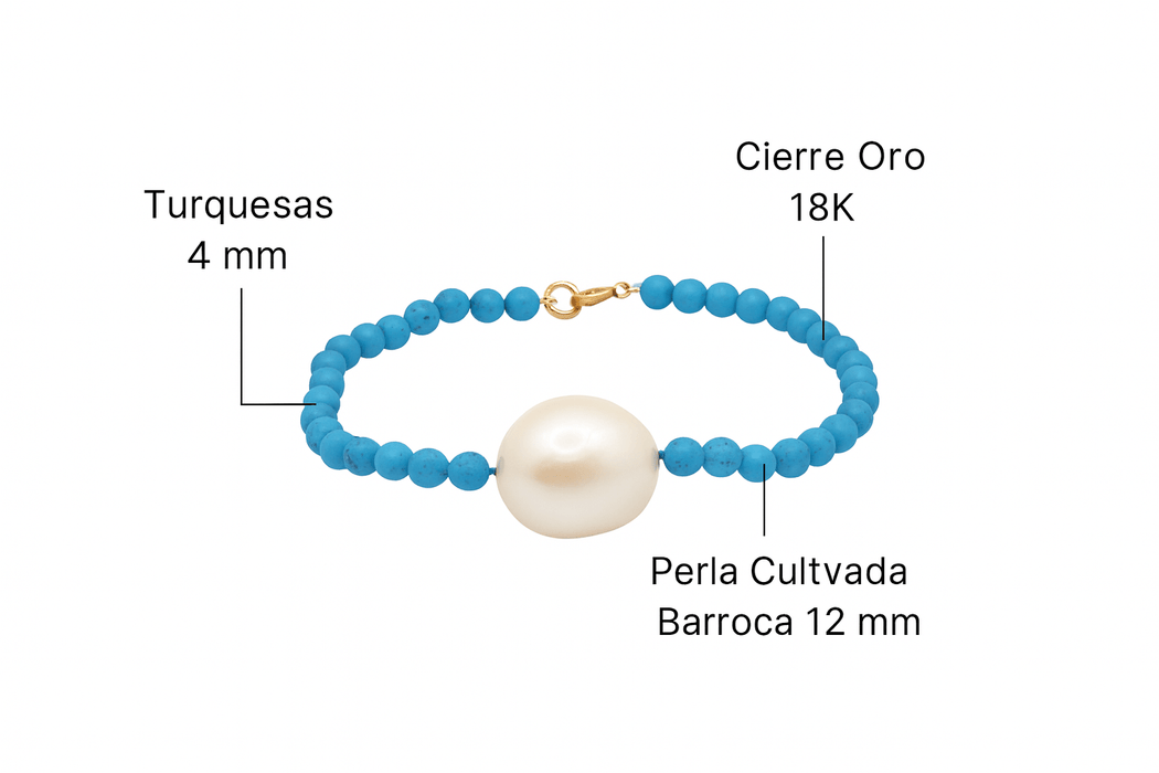 Pulsera de Perla Cultivada y Turquesa Natural, Oro Amarillo 18K - MIMUKA