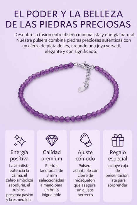 Pulsera de Piedras Preciosas Rubí, Zafiro, Esmeralda y Amatista, 3 mm ,ajustable, Cierre de Mosquetón - MIMUKA