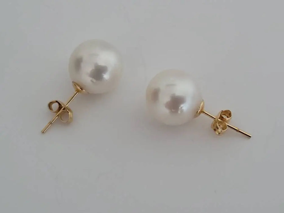 18K Gold Pearl Earrings South Sea Pearl Earrings 10 mm White Color Round Shape, 18 Karats Solid Gold Studs