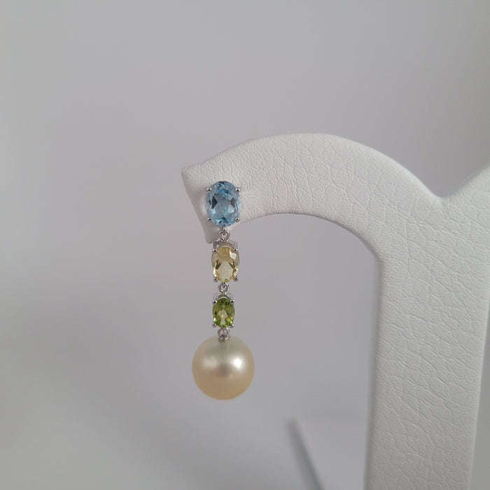 Earrings of South Sea Pearls 12-13 mm  and Natural Stones,  white color 18K  Gold Solid | The South Sea Pearl |  The South Sea Pearl