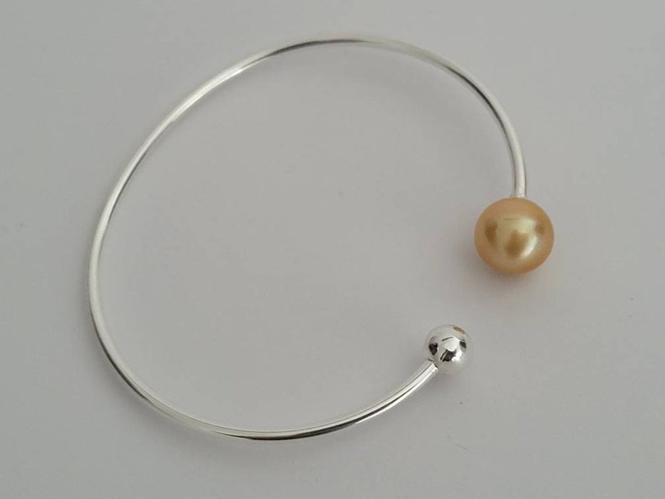 Golden South Sea Pearl Bracelet 9-10 mm Natural Color Sterling Silver Bangle The South Sea Pearl