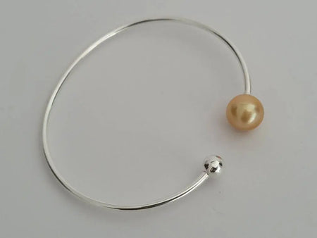 Golden South Sea Pearl Bracelet 9-10 mm Natural Color Sterling Silver Bangle The South Sea Pearl