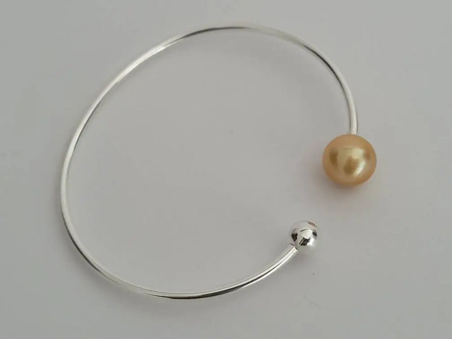 Golden South Sea Pearl Bracelet 9-10 mm Natural Color Sterling Silver Bangle The South Sea Pearl