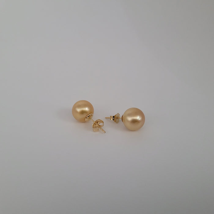 Golden South Sea Pearl Earrings 10 mm Round High Luster, 18 Karats Gold |  The South Sea Pearl |  The South Sea Pearl