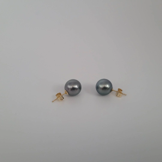 Tahitian Pearl Earrings Stud AAA 10,30 mm Natural Color, High Luster 18K Solid Gold |  The South Sea Pearl |  The South Sea Pearl