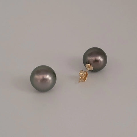 Dark Tahitian cultured pearl earrings 11mm in 18K Gold (Pinctada margaritifera) — The South Sea Pearl