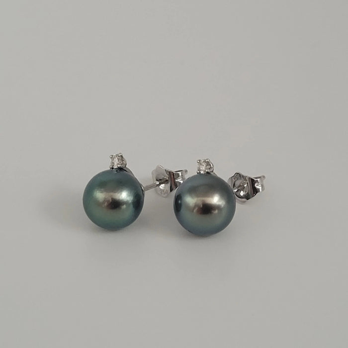 Tahiti Pearl Earrings 9-10 mm,  Natural Diamonds & 18K White Gold |  The South Sea Pearl |  The South Sea Pearl