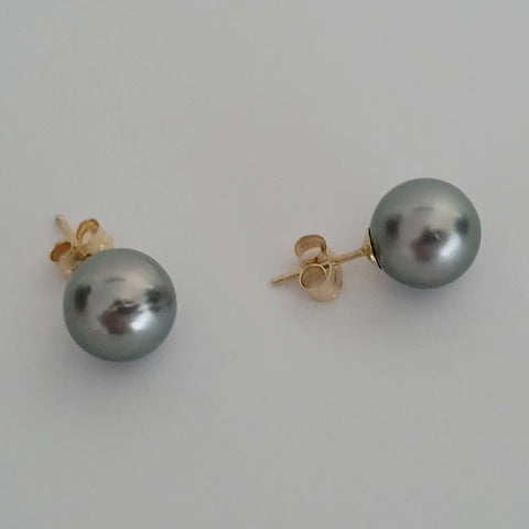 Tahitian Pearl Earrings 9 mm Round 18 Karat Gold with Certificate of Authenticity - Only at The South Sea Pearl