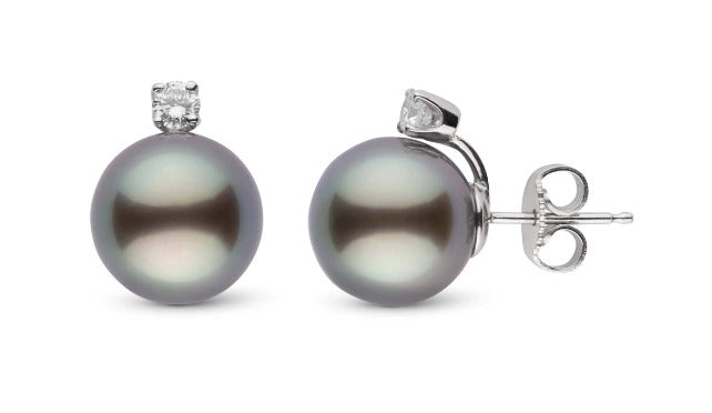 Tahiti Pearl Earrings 9-10 mm,  Natural Diamonds & 18K White Gold |  The South Sea Pearl |  The South Sea Pearl